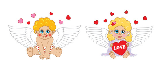 Boy and girl cupid angel. Vector characters Valentine's Day.