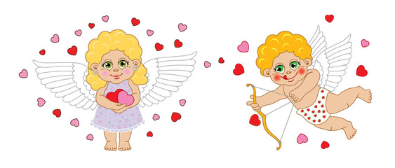 Boy and girl cupid angel. Vector characters Valentine's Day.