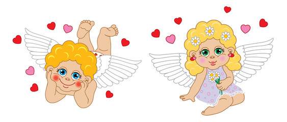 Boy and girl cupid angel. Vector characters Valentine's Day.