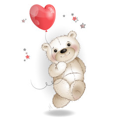 Happy Bear running with a balloon in the shape of a heart