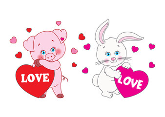 Obraz na płótnie Canvas Pig and rabbit holding a heart Vector characters Valentine's Day
