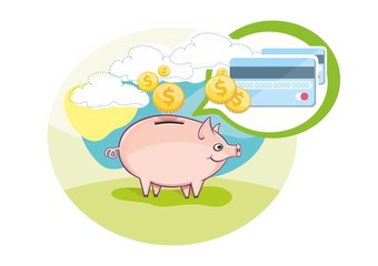 Card with pink piggy bank and coins