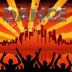 Dance poster red city skyline sunburst - obrazy, fototapety, plakaty
