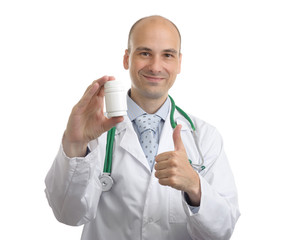 Doctor showing a bottle of pills