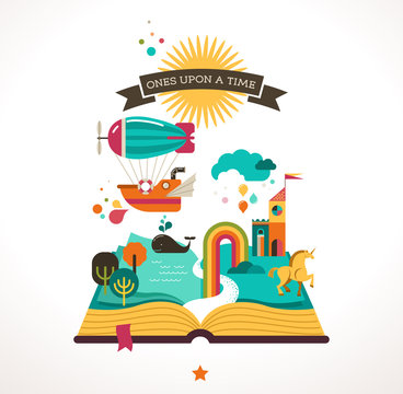 Open book with fairy tale elements and  icons