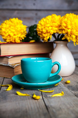Flowers. Beautiful yellow chrysanthemum in a vintage vase.