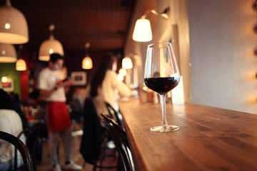 glass with red wine, tasting, restaurant