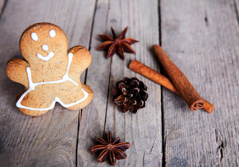 Christmas food. Gingerbread man cookies in Christmas setting.