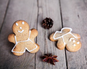 Christmas food. Gingerbread man cookies in Christmas setting.