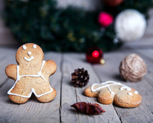 Christmas food. Gingerbread man cookies in Christmas setting.