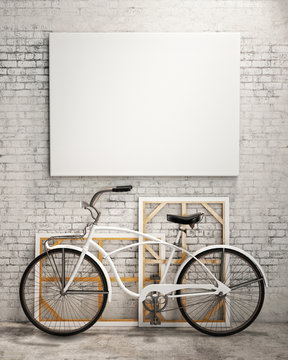 mock up poster in loft interior with bicycle, background