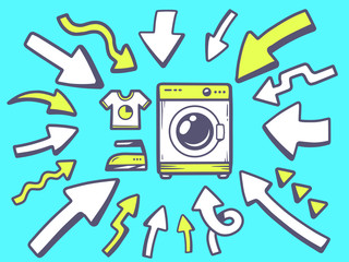 Vector illustration of arrows point to icon of washing machine o