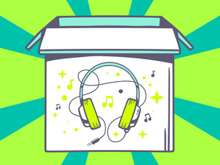 Vector illustration of open box with icon of  headphones on gree