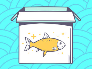 Vector illustration of open box with icon of  fish on blue patte