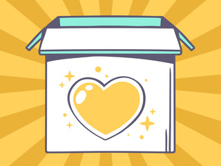 Vector illustration of open box with icon of  heart on yellow pa