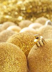 Gold Christmas ball decorations close up