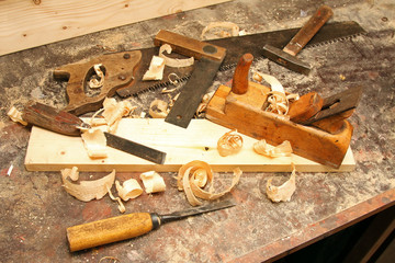 workshop with old work tools on the table