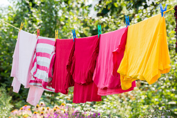 Linen is dried on rope in the garden