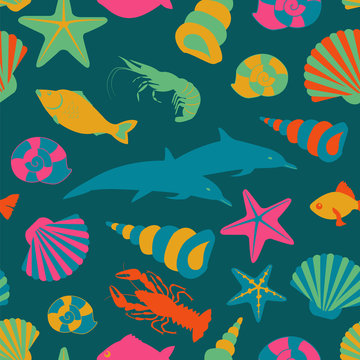 Sea animals seamless pattern. Vector flat style