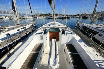 view from super sail boat yacht in a marina 