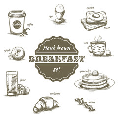Set of vector hand drawn morning dishes and drinks. Breakfast