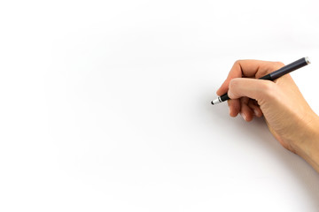 Hand holding digital stylus isolated on white background