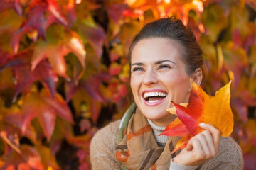 Portrait of smiling young woman with autumn leafs 