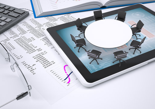 Round table, tablet pc, book, calculator, glasses, paper with