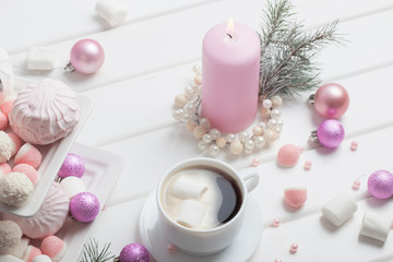 Obraz na płótnie Canvas Christmas table with cup of coffee and dessert