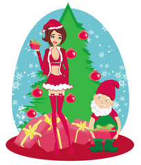 beautiful pin-up girl in Christmas inspired costume and dwarf he