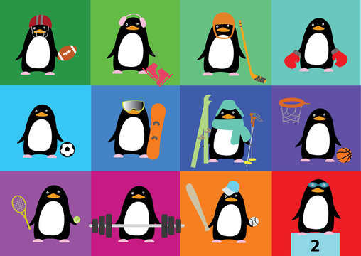 Vector collection of cute penguins with accessories of different