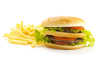 Big and tasty hamburger and fried potatoes isolated 