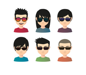 Set of asian male avatars with various hair styles wearing sun g