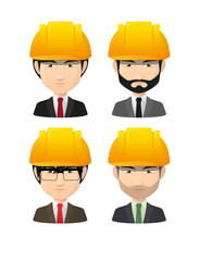 Set of asian male avatars wearing working helmets