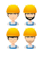 Set of asian male avatars wearing working helmets