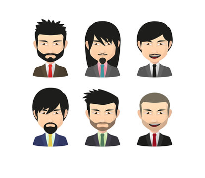Set of asian male avatars with various hair styles wearing suit