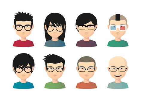 Set of asian male avatars with various hair styles wearing glass