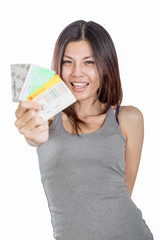 Chinese woman holding multiple credit cards