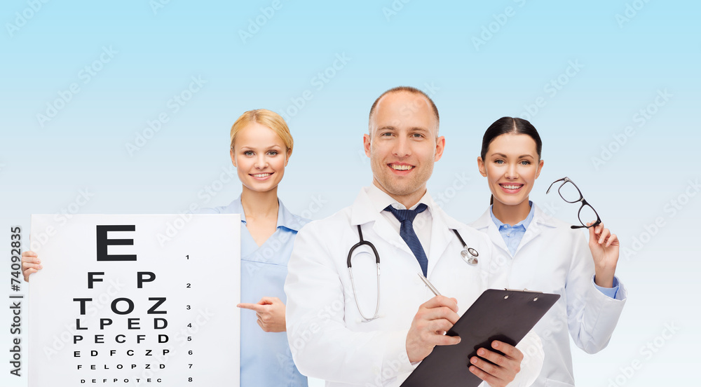 Sticker group of smiling doctors with eye chart