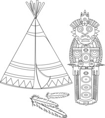 Coloring with an Indian teepee and totem poles