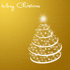 Merry Christmas card with snow and tree on yellow background