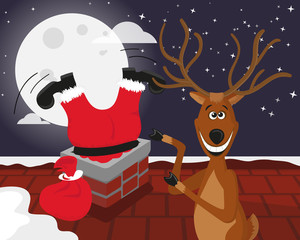 Funny reindeer with Santa on the roof