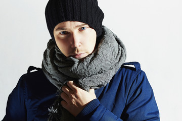 Handsome Man in Scurf. Stylish European Boy.Winter Fashion © eugenepartyzan
