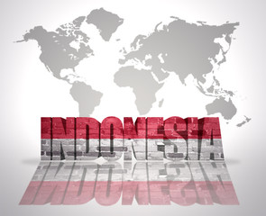 Word Indonesia on a world map background