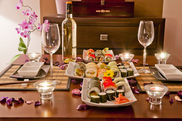 Romantic dinner at home - sushi and wine