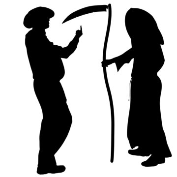 Vector silhouette of a man with the Grim Reaper.