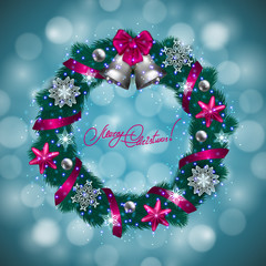 Fototapeta na wymiar New Year's background - a wreath of fir branches, balls