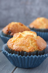 Muffins with raisins in blue wrappers on rustic wood background