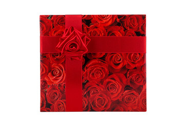 red roses gift box with ribbon on a white background