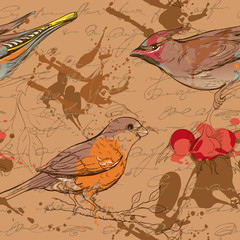 seamless pattern with birds, berries and smudges 3